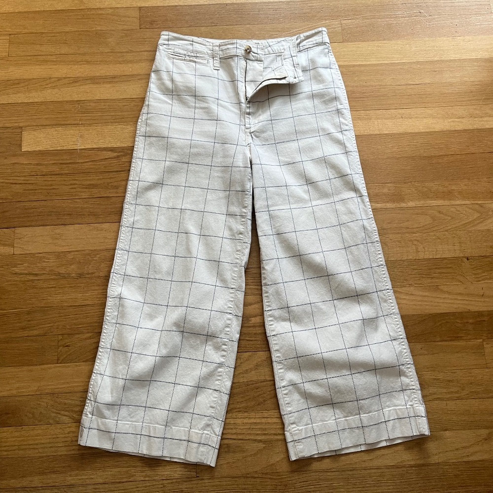 Madewell Emmett Wide Leg Crop Pants Windowpane White Blue Size 29